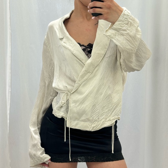 Aritzia satin cream wraparound blouse - Picture 2 of 4